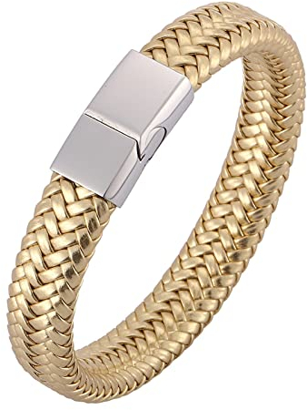Skcess Armband Herren Silber,Geflochtenes Lederarmband Im Einfachen Stil Mit Magnetischer Schnalle Rostfreier Stahl Schmuck für Männer 20.5cm