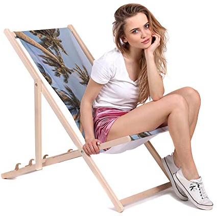 DreamRoots Liegestuhl klappbar Buchenholz, Palm Sky | Klappliegestuhl Holz, Buchenholz, bis 130 kg, 3-fach verstellbar, waschbarer Polyesterbezug, für Garten & Terrasse