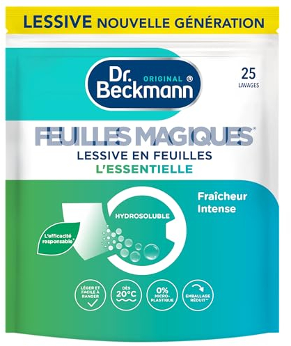 Dr. Beckmann FEUILLES MAGIQUES Lessive en feuilles L'ESSENTIELLE | Format pré-dosé, pratique et léger | 100% hydrosoluble, facile à utiliser et ranger | 25 feuilles, Bergamote
