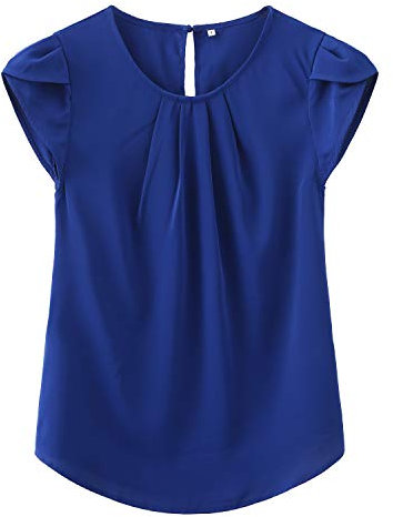 TASAMO Woman Shirts Basic Chiffon Round Neck Keyhole Back Pleated Casual Cap Sleeves Tee(Medium, Royal Blue)