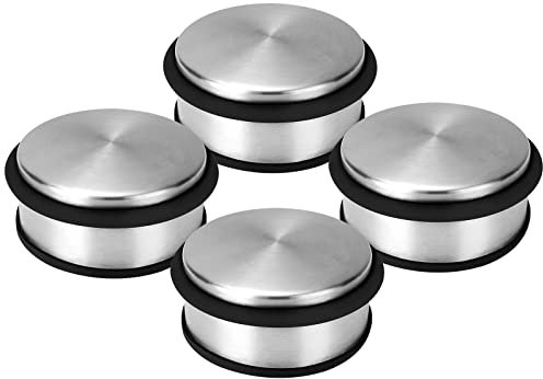 AKOLAFE 4PCS Door Stops Stainless Steel 1.2kg Door Stopper Metal 10cm Heavy Duty Door Stop Chrome Round Door Stoppers for Floor, Stainless Steel Doorstops with Bumper Rubber Buffer Ring