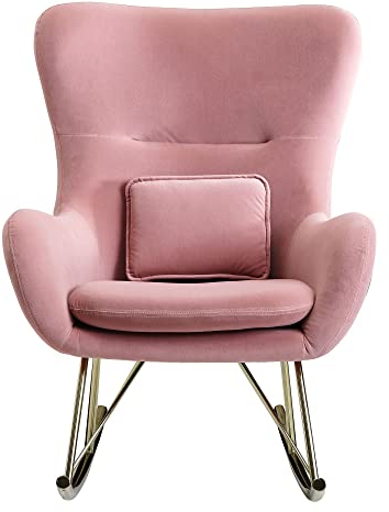 Schaukelstuhl Samt/Metall Rosa 74x101x89 cm mit goldenen Beinen | Polster Schwingstuhl Modern | Stillsessel Relaxstuhl Schwingsessel 120 kg