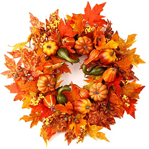 61 cm Herbstkränze für Haustür außen, Herbsternte, Türkranz mit Kürbisen, Beeren, Ahornblättern, großer Herbst-Bauernhaus-Kranz für Thanksgiving, Innen- und Außenbereich, Heimdekoration