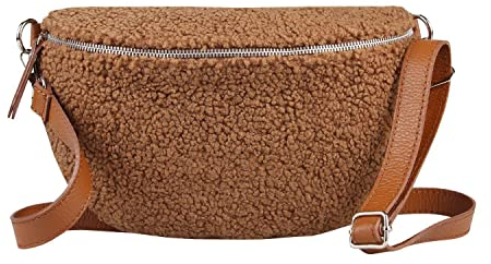 Made in Italy Damen Leder Gürteltasche Crossbody Teddyfell Bauchtasche Hüfttasche Kunstfell Plüsch Umhängetasche Brusttasche Crossover Bodybag Schultertasche Handytasche Braun 30x20x7 cm