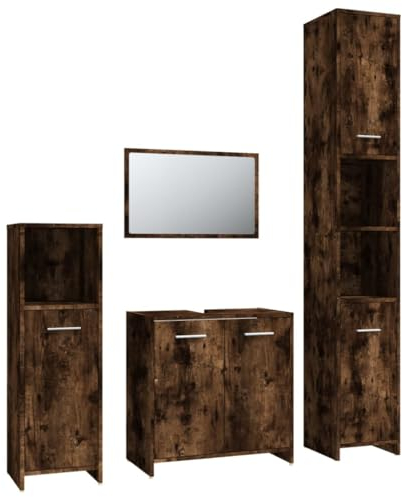 vidaXL Badmöbel Set 4 TLG., Badezimmermöbel mit Hochschrank Waschbeckenunterschrank Midischrank Badspiegel, Badschrank mit viel Stauraum, Waschtischschrank Badezimmermöbel, Räuchereiche Holzwerkstoff