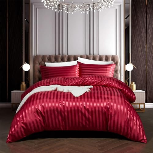 Tospass Satin Bettwäsche 155x200 cm Rot Glatt Weinrot Bettwäsche Set Luxus Seide Deckenbezug Glanzsatin Einfarbig Glänzend Gestreift Bettbezug Bettbezug mit Reißverschluss 1 Kissenbezug 80x80cm