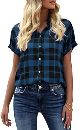 GeGekoko Women's Plaid Blouse Short Sleeve Checked Shirt with V-Neck Summer Buttons Down Tunic Tops, Navy Blue, XXL