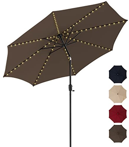 GOPLUS Parasol Réglable 3M, Parasol Solaire avec 112 LED, Manivelle, 8 Baleines en Métal et Sommet Ventilé, Idéal pour Jardin, Terrasse de Piscine, Cour,Base Non Incluse (Brun)