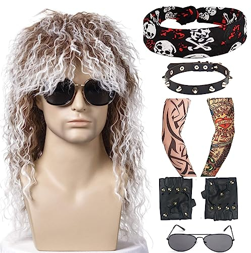 TOMIGO 7 Stück Vokuhila Perücke Herren Kostüm Set Braun Vintage Hip Hop Rocker Star 70er 80er Jahre Perücke für Damen/Herren Halloween Karneval (Braun)