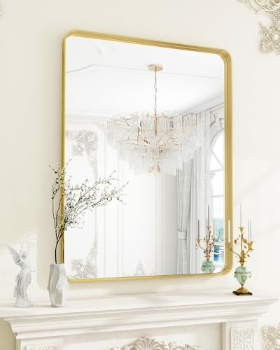 Koonmi Tiefer Rahmen Wandspiegel, 90 x 60 cm Luxus High-End Rechteckiger Badezimmerspiegel, Filetierte Ecke Rahmen Spiegel Horizontal Oder Vertikal Aufgehängt, Gold