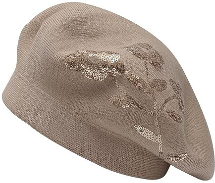 ZLYC Damen Winter Baskenmütze Französische Barett Doppelschicht Warm Beret(Paillettenblumen Beige)