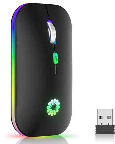Mouse wireless ricaricabile a LED con ricevitore USB, mouse wireless a 7 colori a 2,4 GHz, 1000-1600 DPI regolabile per Mac OS/Windows/Andriod/Microsoft (Nero)