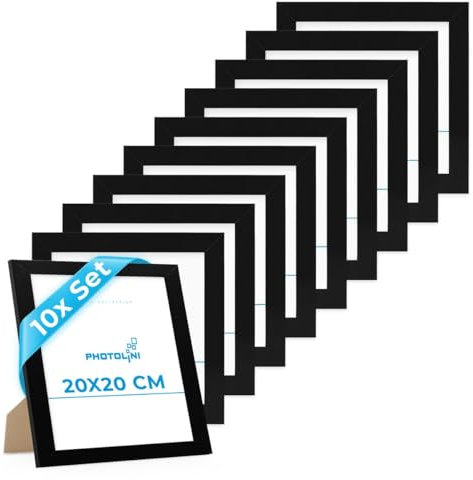 PHOTOLINI Bilderrahmen 20x20 cm Schwarz MDF-Holz, breite Rahmen, 10er Set, modern, bruchsicheres Acrylglas, zum Aufhängen & Aufstellen, extra Zubehör - für Ihre stilvolle Wanddekoration