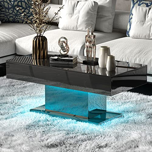 KEEPREAPER Modern Black Coffee Table for Living Room, Living Room Table Rectangular Center Table, High Glossy Wooden Coffee Tables with 16 Colors LED Lights for Dining Reception Room