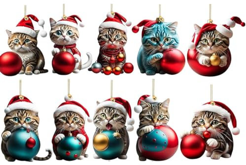 Ciondolo Gatto Albero di Natale,10 pezzi Simpatico Ciondolo Natalizio a Forma di Gatto, Decorazione per Albero di Natale Gatto Natalizio in acrilico 2D