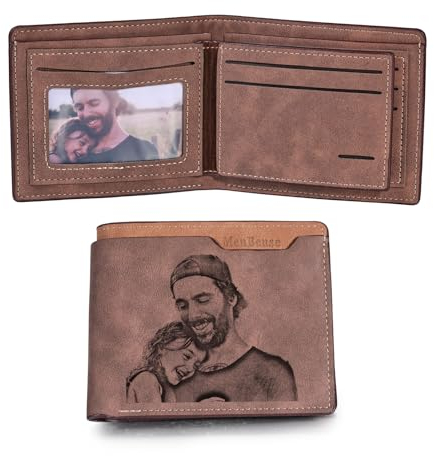 MunkiMix Personalisierte Foto Leder Bifold Geldbörsen für Männer Benutzerdefinierte Gravierte Skizze Bild/Text Herren Geldbörse Geschenke für Ihn Vater Freund Ehemann Sohn (A2-Text, Dunkelbraun)