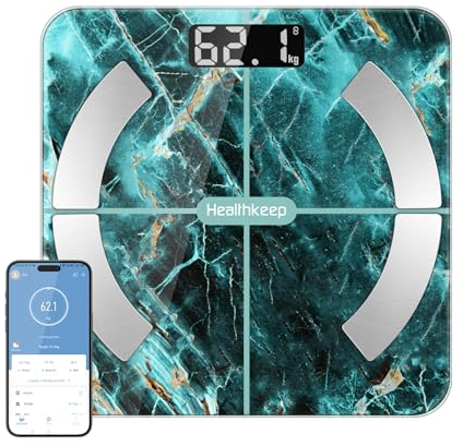 Körperfettwaage, Digitale Personenwaagen mit APP, Bluetooth Waage für Körperfett, BMI, Gewicht, Muskelmasse, Wasser, Protein, Skelettmuskel, Knochengewicht, BMR, usw.