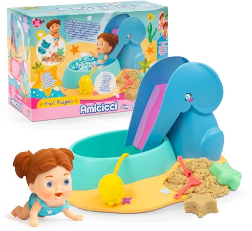 Cicciobello Amicicci Pool Playset, Piscine en Forme d'éléphant avec Fonction Bulles, Sable Magique, Pelle, Moule d'étoile, Fille Brune avec Bikini, célèbre (AMC10000)