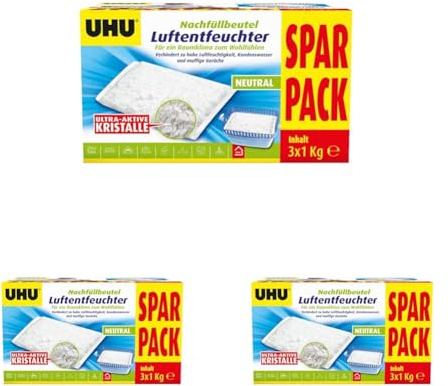 UHU Luftentfeuchter Nachfüllbeutel, Verhindert Feuchtigkeit und muffige Gerüche, 3 x 1000 g Sparpack (Packung mit 3)