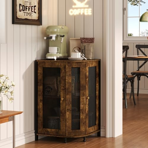 keomaisyto Kaffeebarschrank, 3-stöckiger Eck-Kaffeeschrank mit Ablageregal & 47,5 cm Arbeitsplatte, rustikale Holz-Eck-Barstation mit magnetischer Tür für Küche/Eingang/Wohnzimmer/Esszimmer