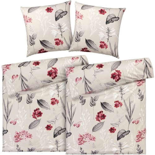 Pure Label Blumen Bettwäsche 4teilig 155x220 cm mit einem 2er Set Kissenbezüge 80x80 cm - Traumhaft weiches Bettwäsche-Sets 155 x 220 cm in Beere aus 100% Baumwolle mit YKK Reißverschluss