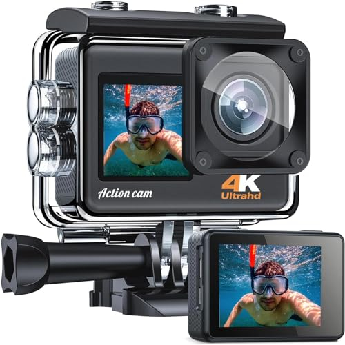 CAMWORLD Action Cam 4K 24MP WiFi 40M Fotocamera Subacquea, Impermeabile Videocamera EIS Stabilizzazione con 2 Screen, 2x1050mAh Batterie e Kit di Accessori