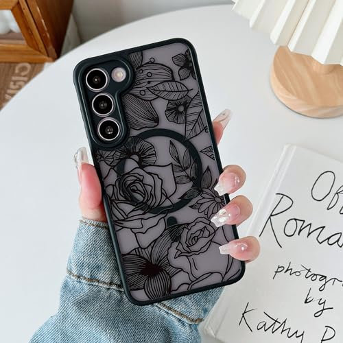 XIZYO Magnetisch Hülle für Samsung Galaxy S23 Kompatibel mit MagSafe, Transparent Matt Rose Floral Blume Muster Stoßfeste Handyhülle, Weiche TPU Stoßstange Schutzhülle, Schwarz