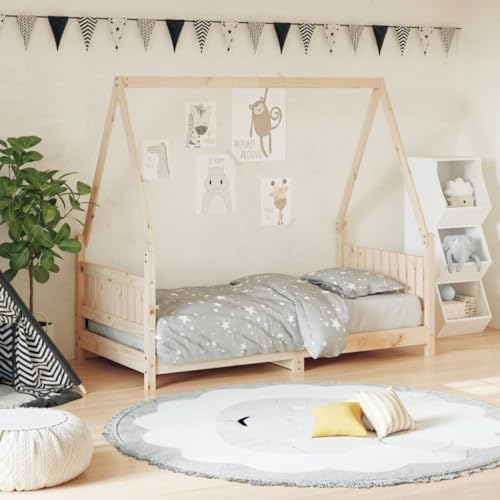 Hommdiy Kinderbett, Kinder Bettgestell mit robusten Latten, Hausbett für Kleinkinder ab 4 Jahren, Einzelbett Kinder Jugendbett Holzbett Stil E,80 x 160 cm,Natur