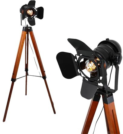 Alpinaluz Stehlampe aus Holz, Vintage, Kino Design mit schwarzem, schwenkbarem Kopf, höhenverstellbar, E27-Sockel, für Wohnzimmer