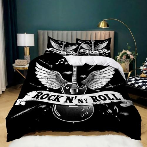 Music Rock Guitar Duvet Cover Sets King Size, Black Printed Bedding 3 Pcs - Ultra Soft Hotel Quality Duvet Cover 230 x 220 cm Easy Care for Kids Boys Girls Bedroom Decor All Seasons