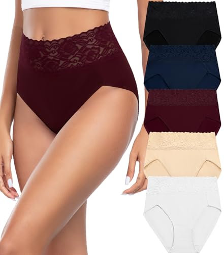 Wealurre Unterhosen Damen, Unterwäsche Frauen Baumwolle Hohe Taille Slip Damen Unterwäsche Spitze 5er Pack (6005,Wine Red,XL)