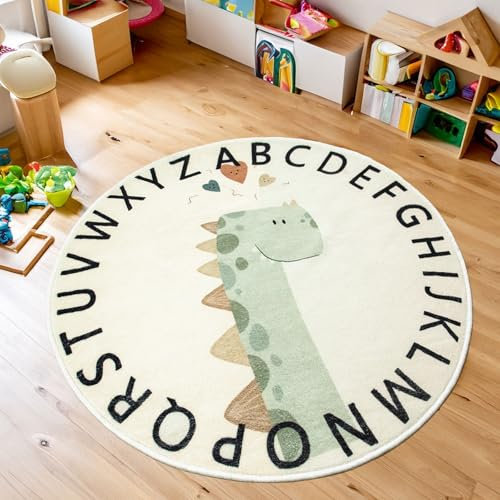 Tapis Design Kinderteppich Teppich Kinderzimmer Rund Kurzflor, rutschfest Waschbare Spielmatte für Jungen Mädchen Mit Tierbild, Grösse: 120 cm Rund, Farbe: Beige