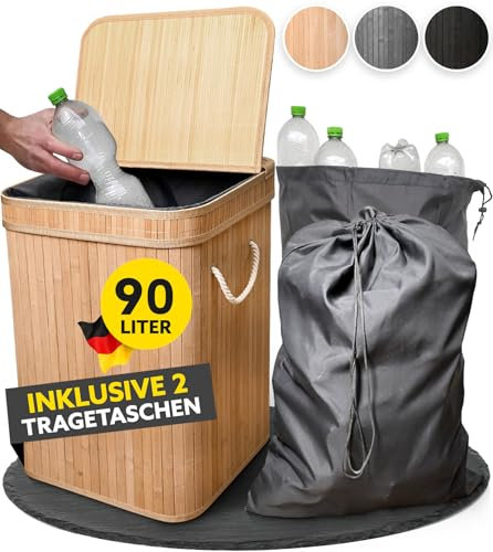 Handfill Pfandflaschen Sammelbehälter aus Bambus - Pfandbehälter incl. zwei Tragetaschen - stabiler Leergut Sammelbehälter - Geruchsdichter Flaschensammler Leergut zur Pfandflaschen Aufbewahrung