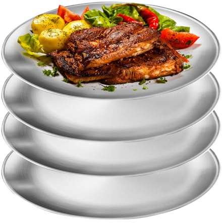 WANDGU Piatti rotondi in acciaio inossidabile: 4 pezzi 23 cm, piatti da campeggio in acciaio inossidabile per campeggio aperto, picnic, barbecue, spiaggia