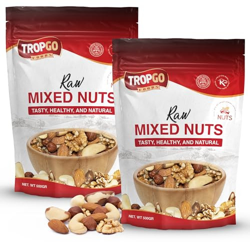 Tropgo Raw Mixed Nuts 2 × 500g (1KG) Nut Snacks - Packed Fresh, Healthy Jumbo Nuts with Fibre & Minerals - Perfect for Snacking - Includes Almonds, Brazil Nuts, Cashews, Peanuts, Hazelnuts & Walnuts