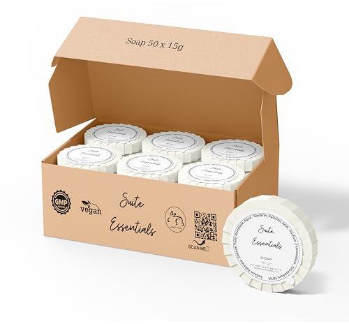 Suite Essentials 50 x 15g Soaps Pack | Ideal For Hotels, Guest Rooms, Airbnb & Hospitality | GMP Certified, Cruelty Free, Vegan, Recyclable Packaging | Mini Soap Bars Multipack