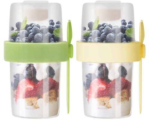 Starward 2 Piezas Taza de Yogur, 2 en1 Portátil Taza de Cereales, Vasos Yogurtera, Reutilizable, con Tenedor, para Yogur, Avena, Ensalada, Desayuno, 900 ml