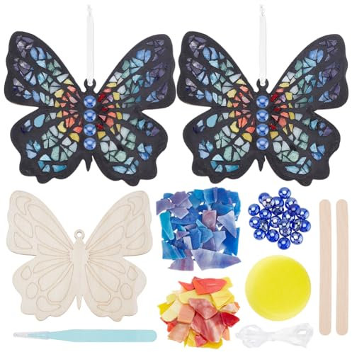 WEBEEDY 2 Sets Butterfly Mosaic Tiles Kit Glass Mosaic Coaster Kit with Wooden Bases Wall Hanging DIY Mosaic Kit Unique Gifts for Women, Birthday Gift, Home Hanging Ornament, 15x13.5cm