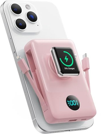 Magnético Power Bank con Cable Integrado para MagSafe, 10800mAh Bateria Externa Carga Rapida QC4.0+PD 25W USB C Inalámbrica Bateria Portatil con Pantalla LED para Apple Watch/iPhone 16/15/14/13/12