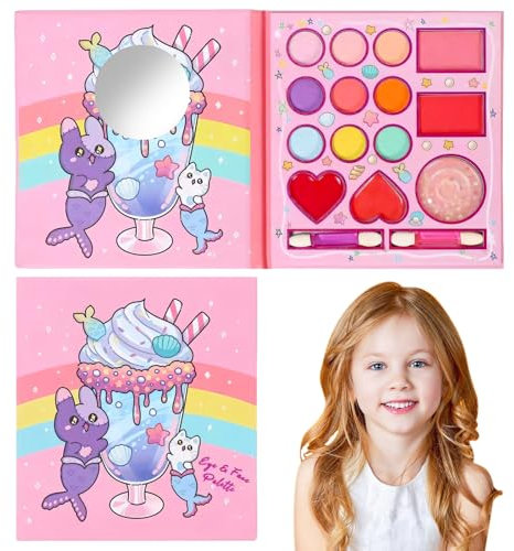 14 Colors Kids Makeup Sets for Girls, Non-Toxic Kids Makeup Set with Mirror and 2 Washable Brushes, Pretend Makeup Games Toys, Girls Birthday