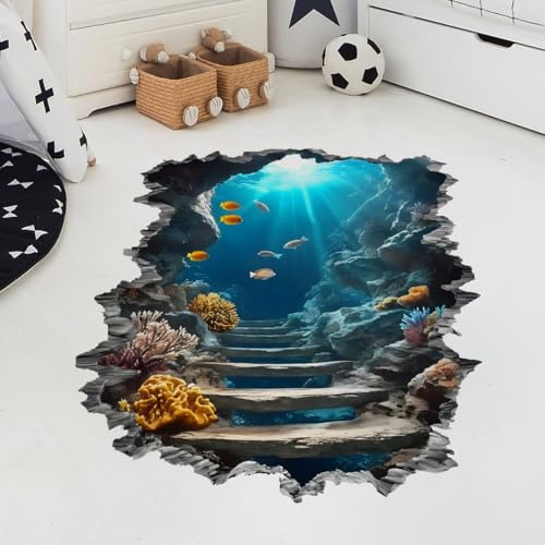 Adesivo da parete 3D con scena oceanica subacquea grande 75 x 68 cm adesivo da pavimento impermeabile, pesci tropicali e design di barriera corallina