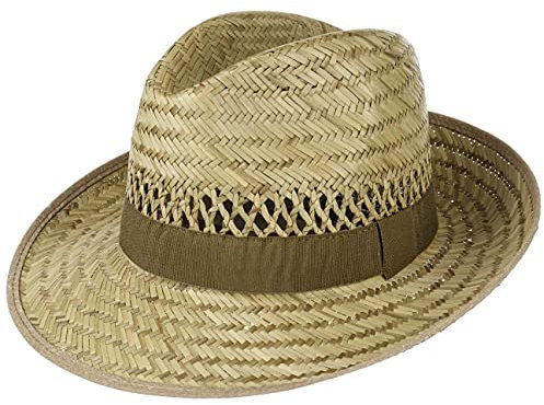 Lipodo Chapeau Paille Homme/Femme - Chapeau de Paille Bogart Fabriqué en Italie - 100% Naturel - Large Bord 7 cm pour Protection Soleil - Printemps/Été - Ruban Olive Élégant - Tailles 55-61 cm