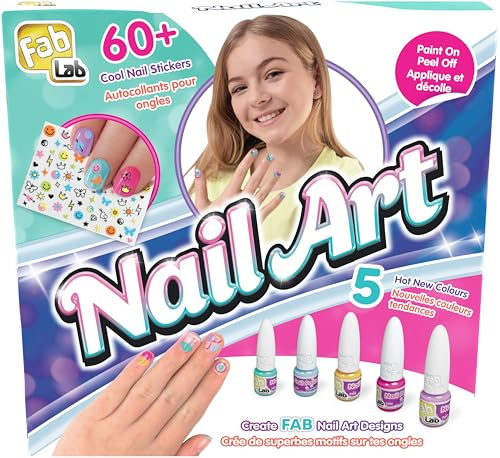 Goliath - FABLAB Nail Art, Nagelkunst-Set für Kinder ab 8 Jahren, 6 Nagellacke ohne Lösungsmittel, 60 Einhorn- und Sternensticker, kreative Beschäftigung, ablösbarer Nagellack, Geschenkidee