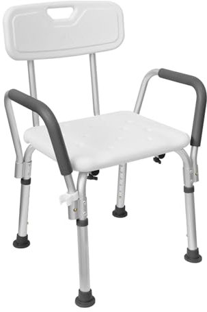 SUBTLETY Tabouret de douche, réglable en hauteur, 75,5 à 88 cm, avec dossier et accoudoirs, en aluminium et plastique, antidérapant, pour adultes, personnes âgées, femmes enceintes (blanc)