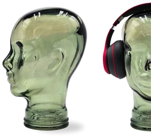 Mick Kopfhörerständer | Glas, Transparent Olivgrün | für Kopfhörer, Headset & VR-Brille – Dekorativer Kopf aus Glas – Design Kopfhörerhalter