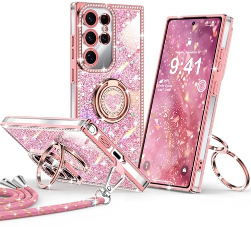 XYZ Glitzer Hülle für Sasmsung Galaxy S24 Ultra mit Band, Rosa | HandyHülle mit Herz Ringhalter, Bling Luxus Strass Diamant Case mit Ständer, Stoßfeste Schutzhülle für Damen & Mädchen