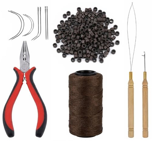 212Pcs Professional Nano Micro Beads Hair Extensions Tools Kit, Dark Brown | 200 Silicone Lined Micro Rings Beads, 1 Pliers, 1 Sewing Thread, 1 Loop Needle Threader, 1 Pulling Hook Needle, 8 Needles