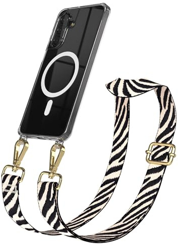 EAZY CASE Handykette - Verstellbares Taschenband kompatibel mit Galaxy A17, Schulterriemen, Handykordel mit Silikon Hülle, Qi Charging kompatibel, Umhängetasche, Zebra - Schwarz Beige Gold