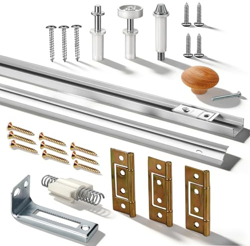 Bifold Door Track Kits, 36 Inch Bifold Door Hardware with Track Bi-fold Closet Door Hardware Repair Tool Kit Bifold Gate Hardware Repair Replacement Part Included Pivots Wheels Spring and Steel Track