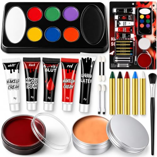 Maquillage Halloween pour Visage avec Faux Sang Halloween Makeup | Kit Effets SFX avec Palette 8 Couleurs, Crèmes Blanc Noir Rouge, Liquide SFX, Cire à Cicatrices, Faux Sang en Tube et Pot